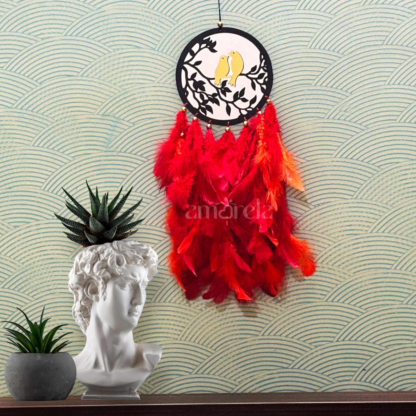 Love Birds Big Dream Catcher with Red & Orange Feathers