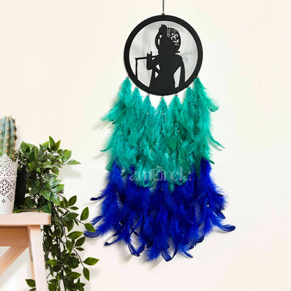 Kanha Ji Big Dream Catcher with Silver Mirror & Blue-Green Feathers