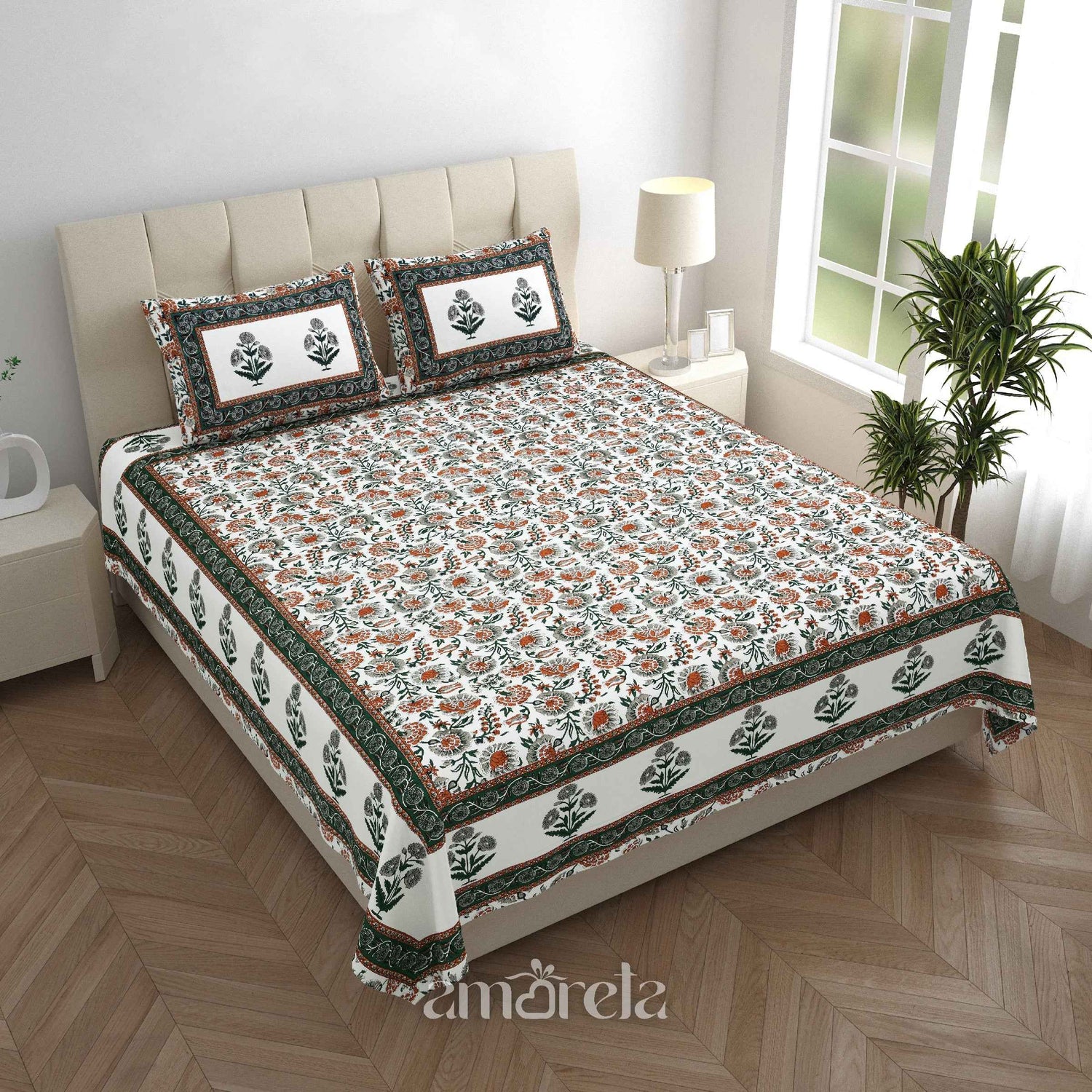 Double Bed Sheet Set – 100% Pure Cotton with Full Print & Side Border Design (Set of 3)
