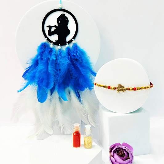 White Krishna Theme Car Dream Catcher with Rakhi – Spiritual Rakshabandhan Gift Combo