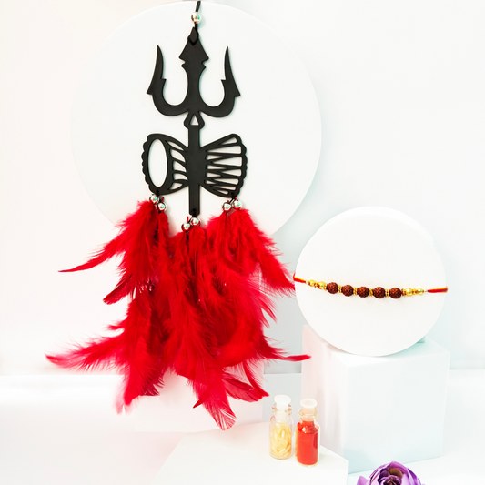 Trishul Theme Car Dream Catcher with Rudraksh Rakhi – Divine Combo for Rakshabandhan
