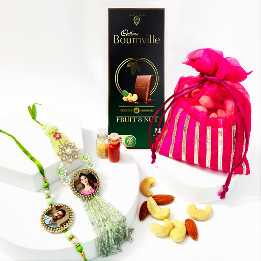 Customized Pair Rakhi with Dry Fruits & Chocolate Gift Combo