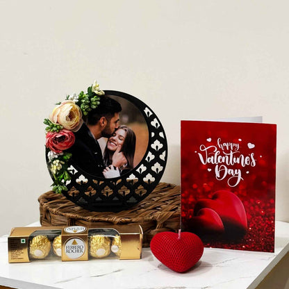 Valentine Personalized Gift Hamper with Table Frame, Greeting Card, Candle, and Chocolates - 1 Photo for customization