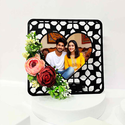 Personalized Floral Square Photo Frame with Rakhi, Chocolate, Kumkum & Chawal